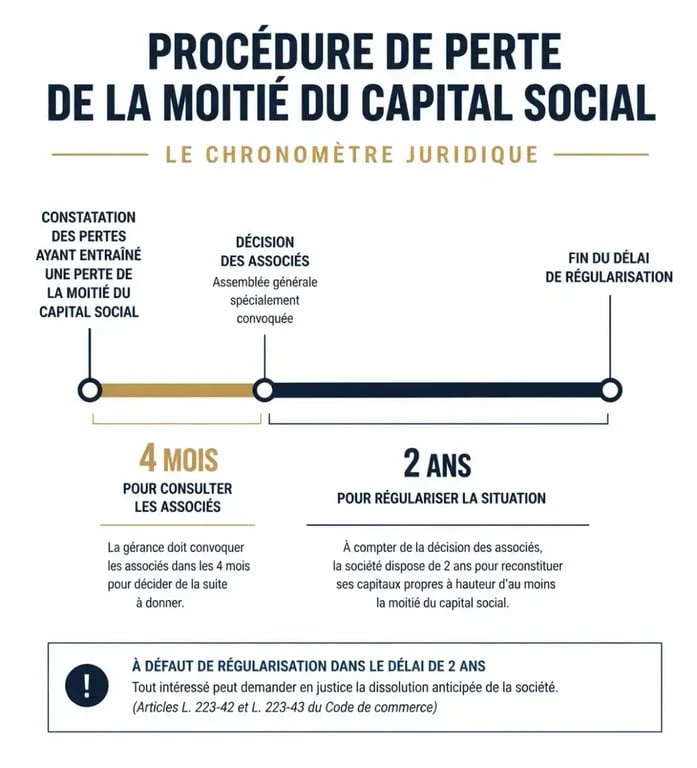 Infographie du calendrier légal en cas de perte de la moitié du capital social