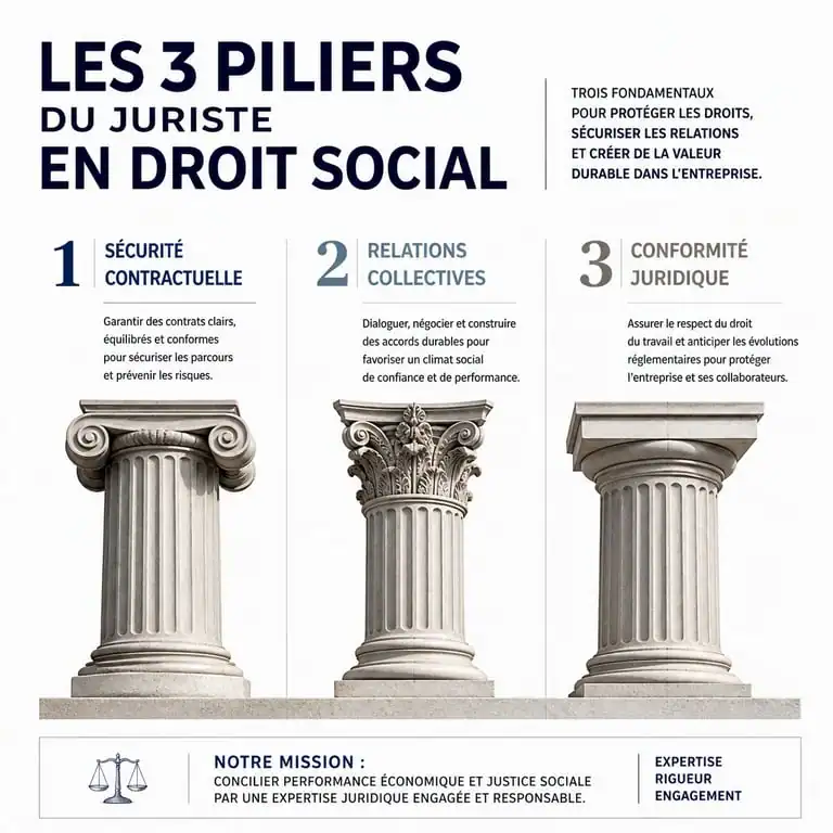 Infographie des missions principales d'un juriste en droit du travail : sécurisation, relations sociales et conformité.