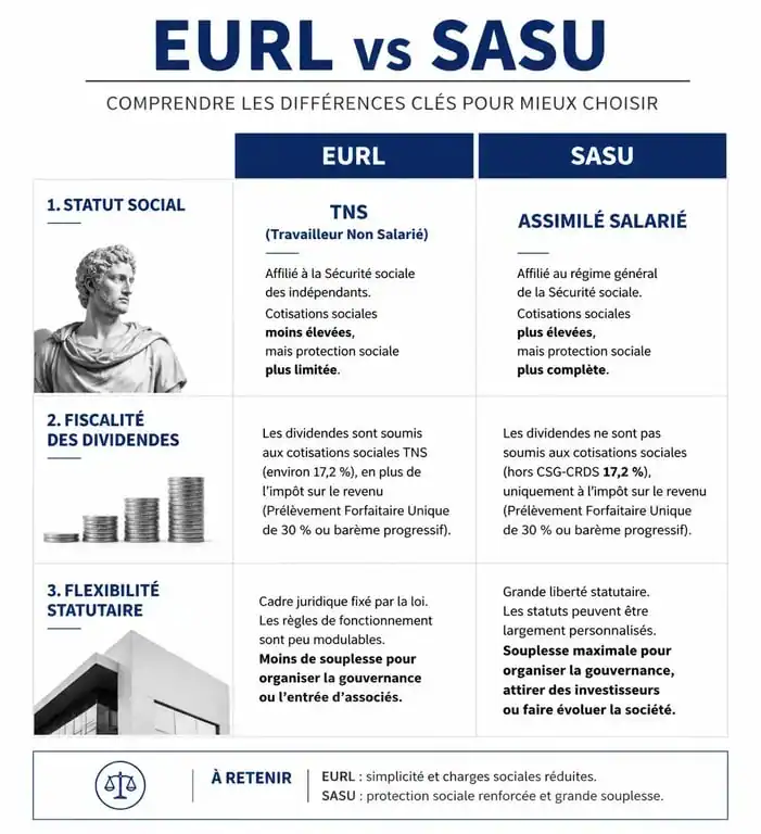Infographie comparative EURL vs SASU : différences de statut social et fiscalité pour les entrepreneurs