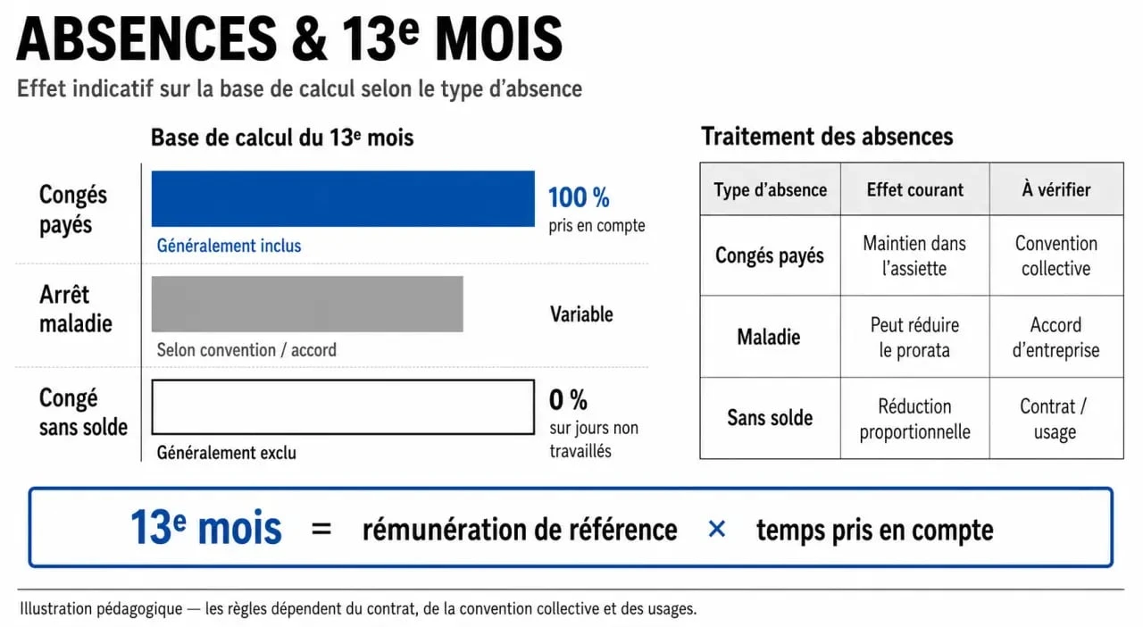 Infographie sur le calcul du 13ème mois et l'impact des absences