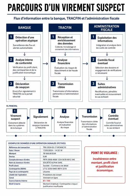 Schéma du processus de surveillance des virements bancaires par le contrôle fiscal