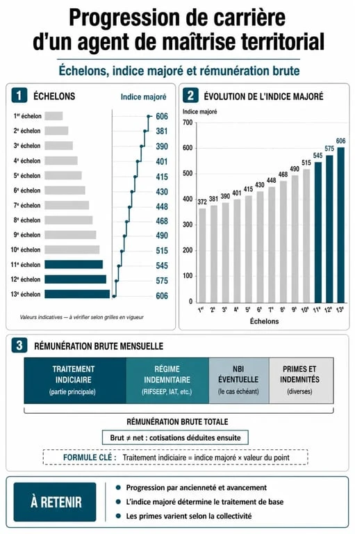 Infographie de la grille indiciaire et progression de carrière d'un agent de maîtrise territorial