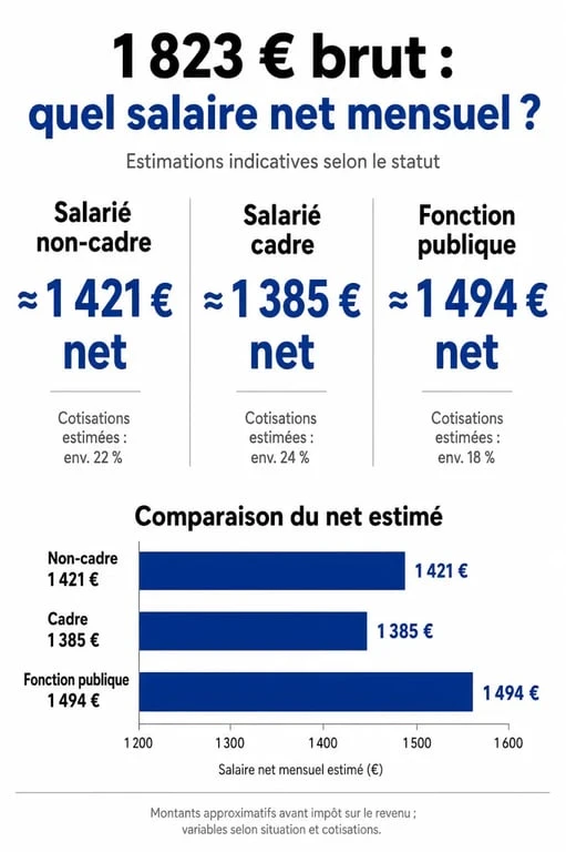 Comparatif salaire 1823 brut en net selon le statut professionnel