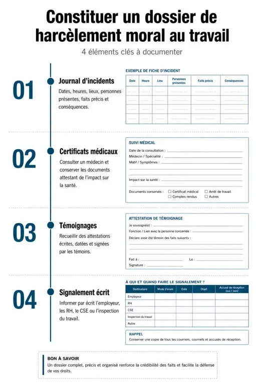 Infographie des étapes pour prouver un harcèlement moral au travail sans preuve matérielle