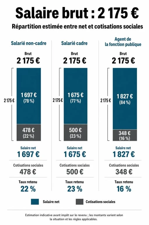 Répartition d'un salaire de 2175 brut en net selon le statut professionnel
