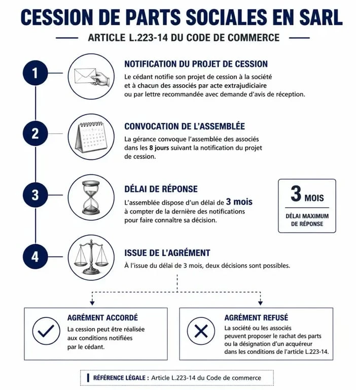 Schéma du processus de cession de parts sociales en SARL selon l'article L.223-14