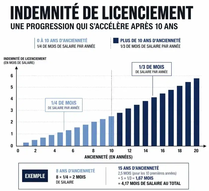 Infographie montrant le calcul de l'indemnité de licenciement économique selon l'ancienneté