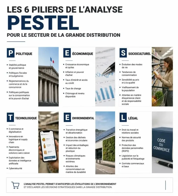 Schéma des six piliers de l'analyse PESTEL appliquée au secteur de la grande distribution