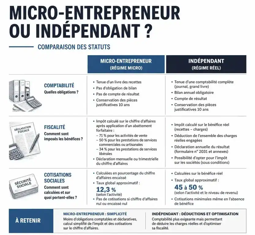 Infographie comparative entre le statut de travailleur indépendant et auto-entrepreneur