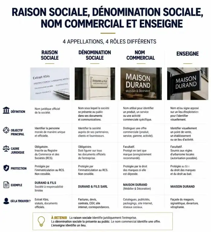 Tableau comparatif des différences entre raison sociale, dénomination sociale, nom commercial et enseigne pour une entreprise
