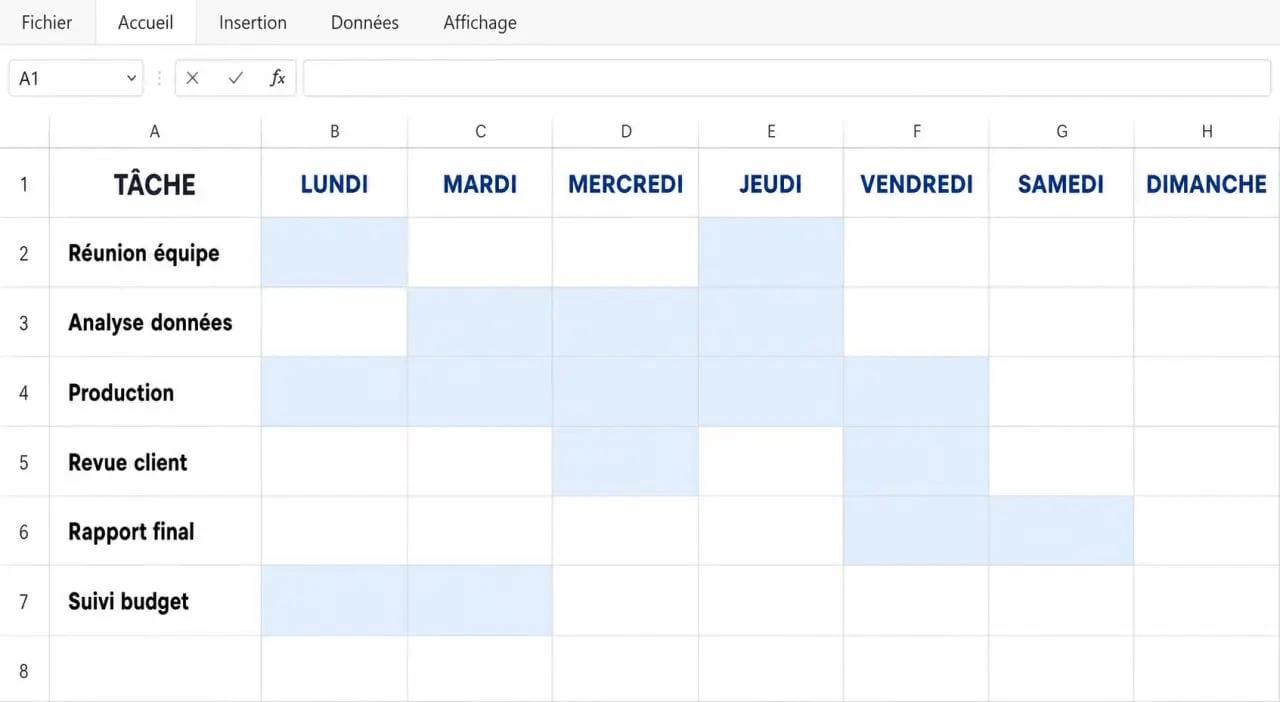 Exemple de planning hebdomadaire professionnel créé sur Excel pour une meilleure organisation