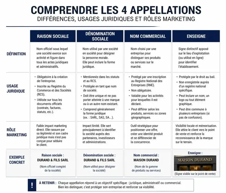 Tableau comparatif des différences entre raison sociale, dénomination sociale, nom commercial et enseigne pour une entreprise