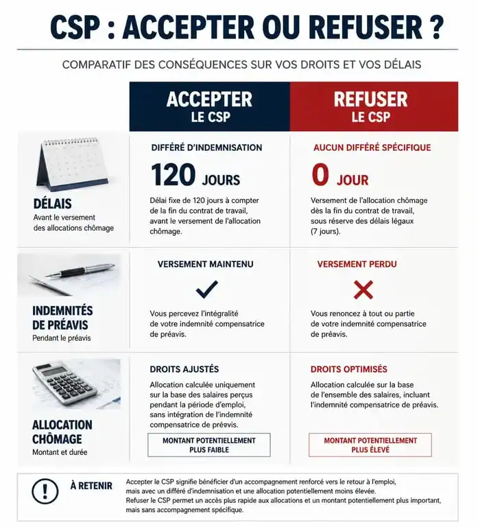 Infographie comparative : refus csp et préavis, différences entre acceptation et refus du CSP