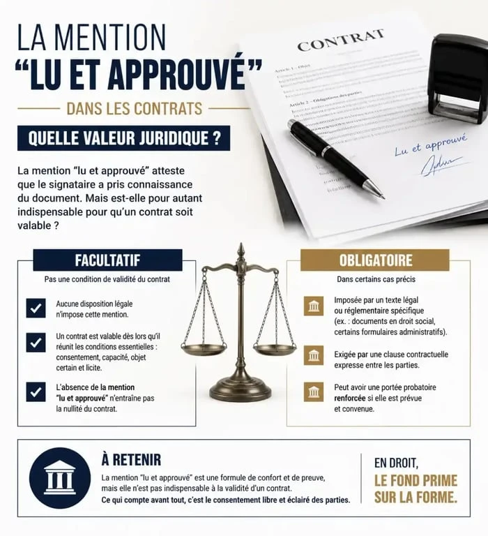 Infographie sur la valeur juridique de la mention lu et approuvé dans les contrats