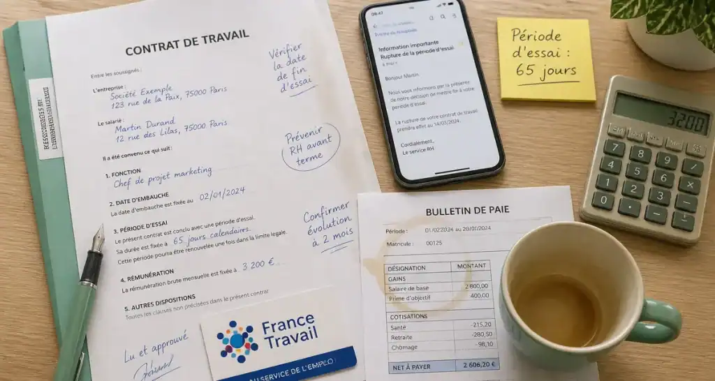 rupture periode d'essai chomage avant 65 jours contrat travail