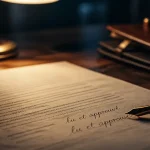 Photo d’une signature précédée de la mention lu et approuvé sur un contrat, gros plan.