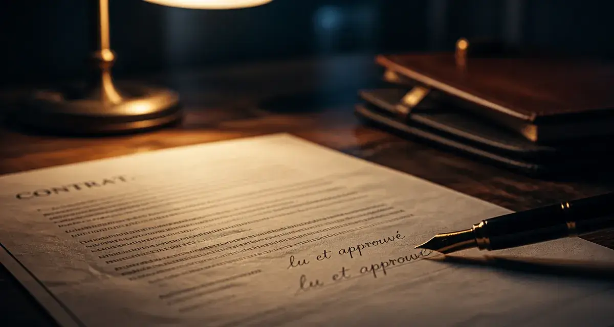 Photo d’une signature précédée de la mention lu et approuvé sur un contrat, gros plan.