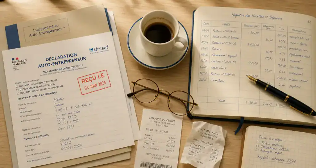 Bureau travailleur indépendant ou auto entrepreneur, documents et café