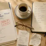 Bureau travailleur indépendant ou auto entrepreneur, documents et café