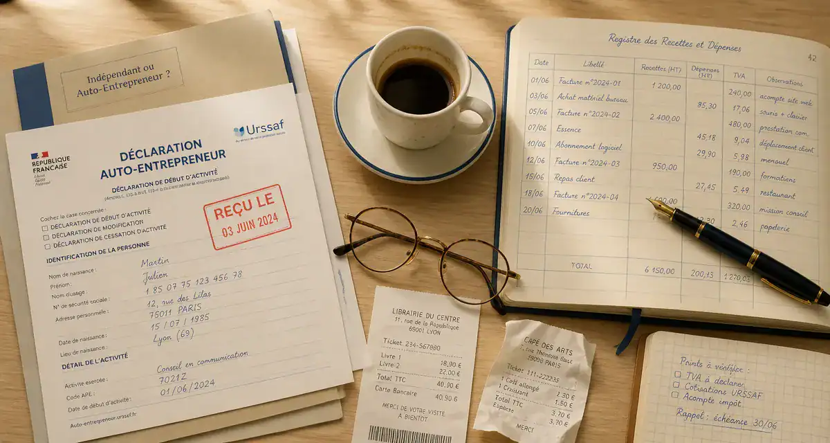 Bureau travailleur indépendant ou auto entrepreneur, documents et café