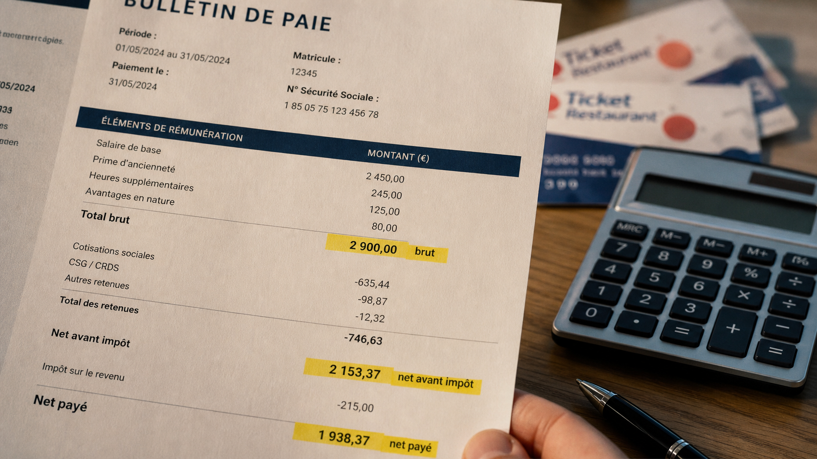 2165 brut en net : fiche de paie, calcul net avant impôt et net payé