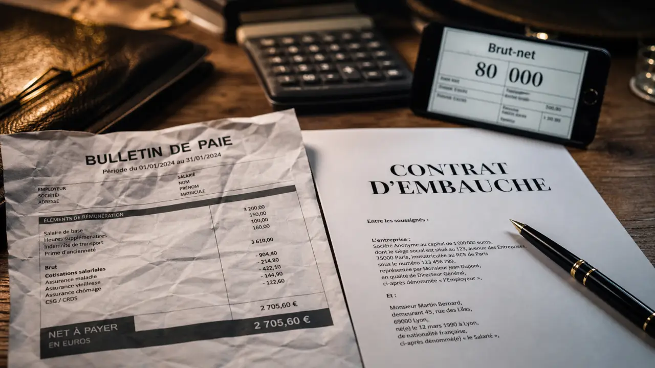 80000 brut en net : 5 300 € par mois, fiche de paie et contrat