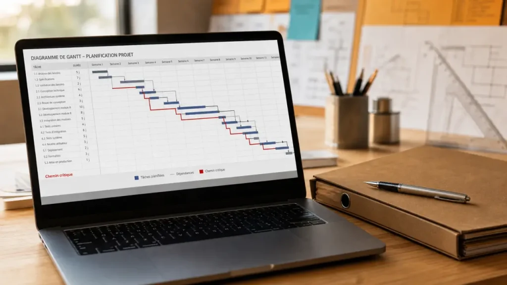 Chemin critique Gantt : tâches sans marge