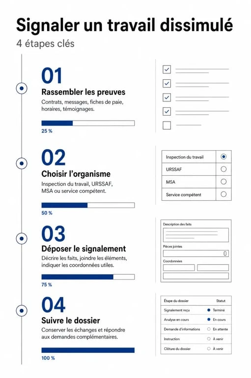 Infographie des étapes pour dénoncer le travail noir et signaler une situation de travail dissimulé aux autorités compétentes.
