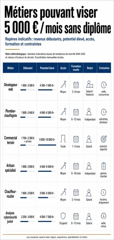 Infographie sur les métiers qui rapporte 5000 euros par mois sans diplôme
