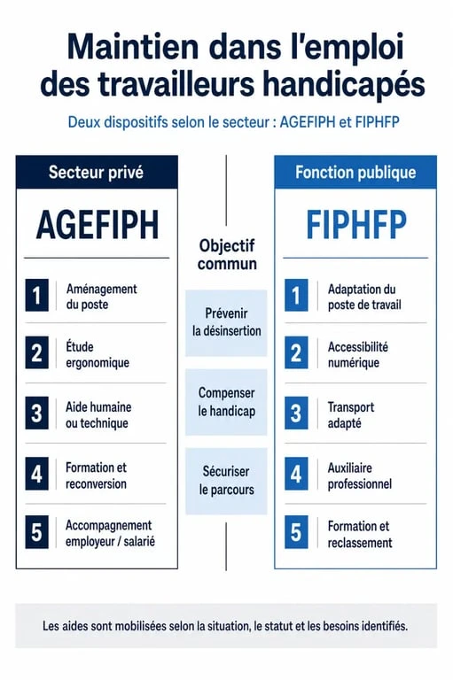 Infographie sur le complément de salaire et les aides RQTH en temps partiel pour le secteur privé et public