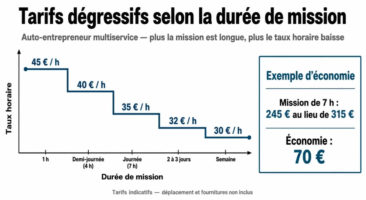 Graphique illustrant la dégressivité des tarifs horaires pour un auto-entrepreneur multiservice selon la durée des travaux.