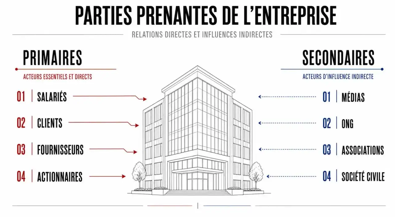 Parties prenantes primaires et secondaires : schéma comparatif des acteurs directs et des acteurs d’influence autour de l’entreprise