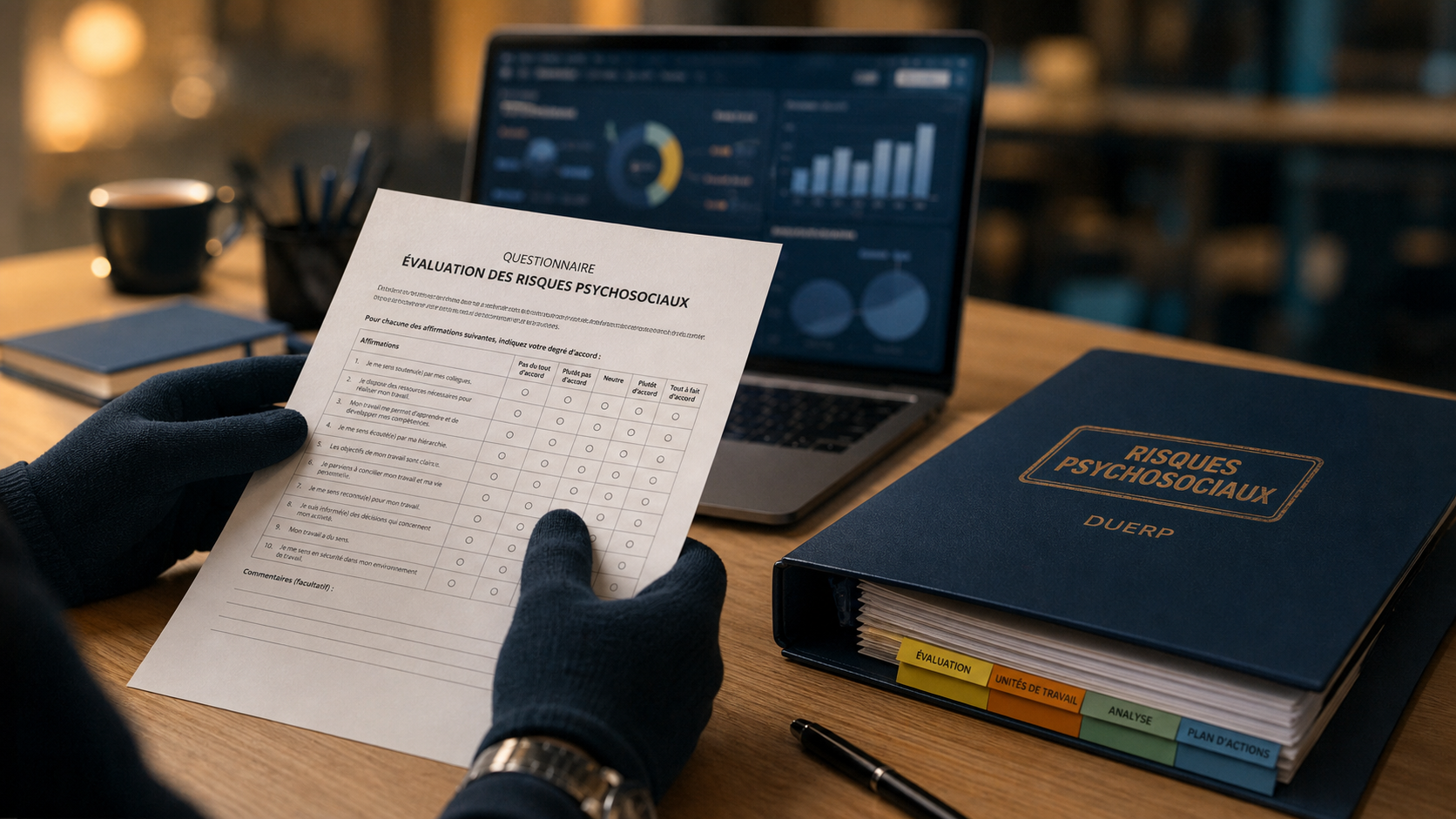 Questionnaire RPS en entreprise sur bureau, main et réponses