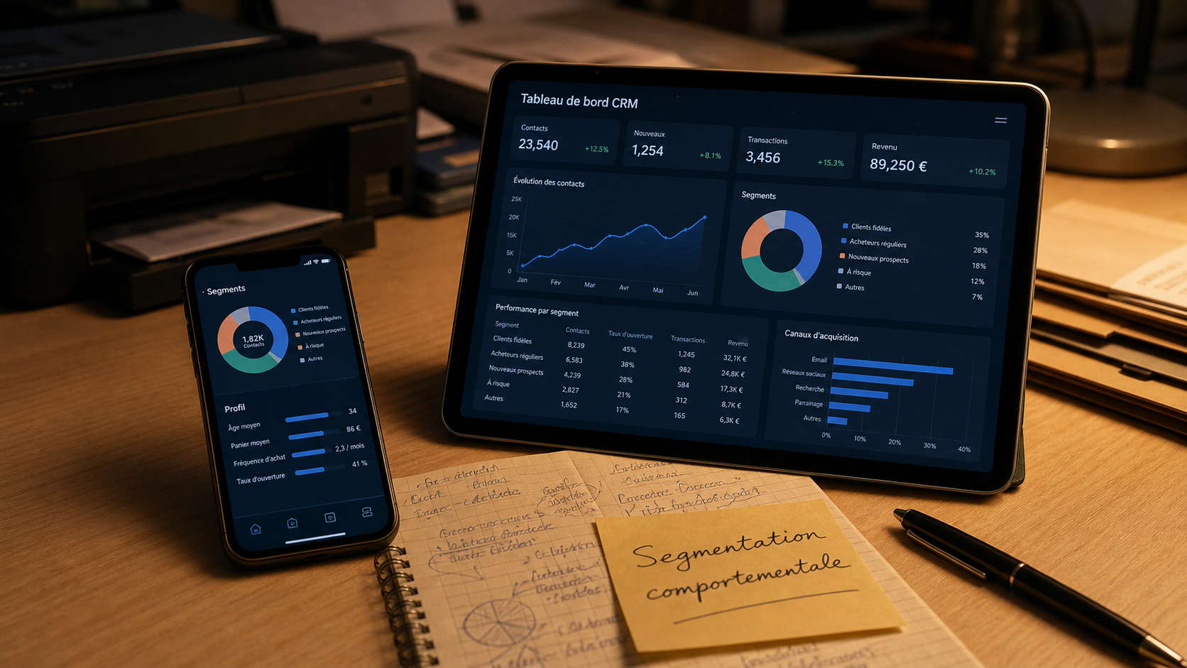 Segmentation comportementale : dashboard CRM sur smartphone et tablette