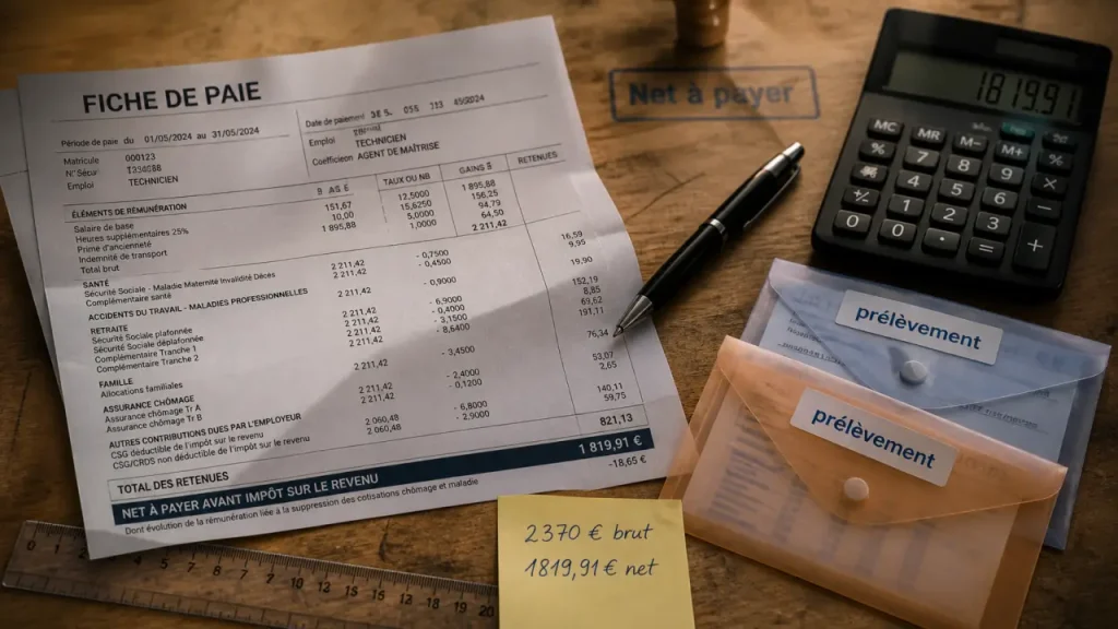 2370 € brut en net : comptez environ 1819,91 € avant impôt, avec des écarts selon votre statut