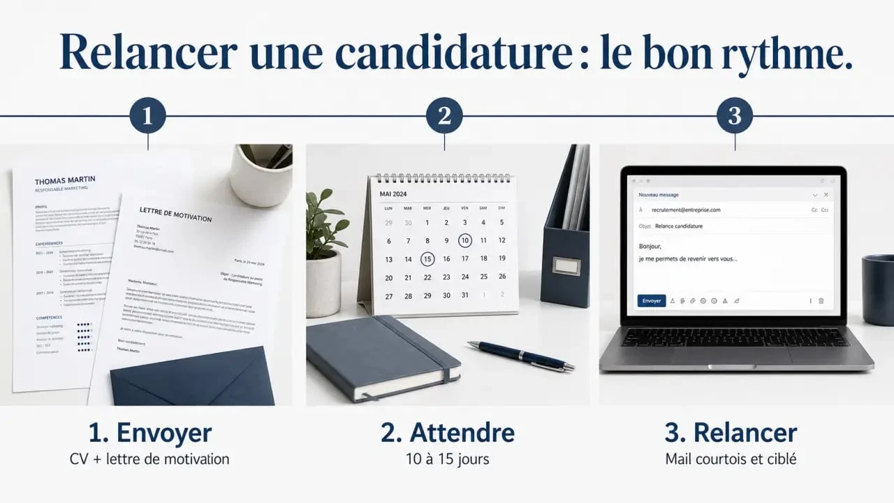 Relance mail candidature : frise visuelle du bon timing pour envoyer un suivi au recruteur