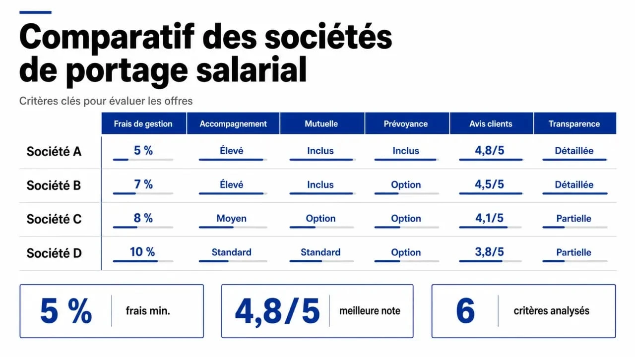 Comparatif visuel pour choisir la meilleure société de portage salarial avec frais, services et avis clients