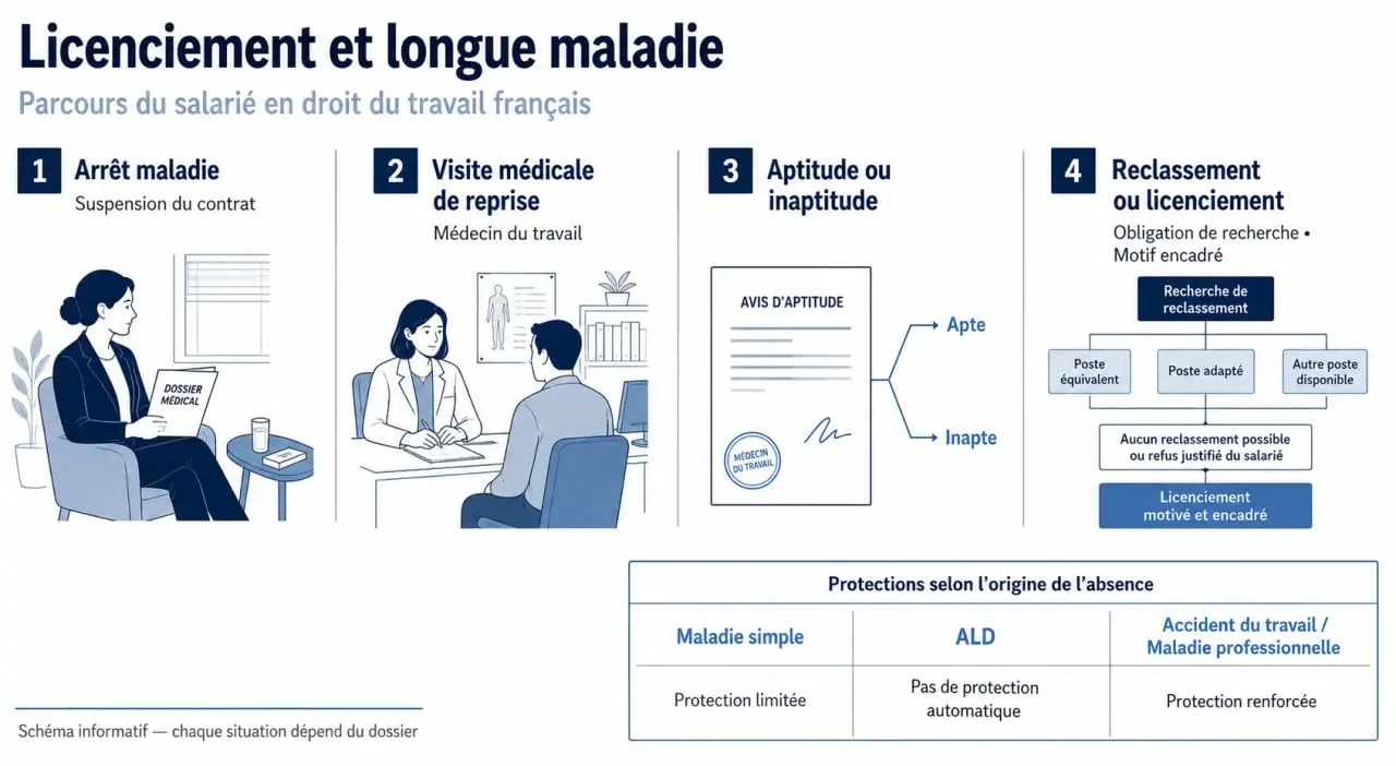 Licenciement longue maladie : schéma des étapes et protections selon maladie simple, ALD ou accident du travail
