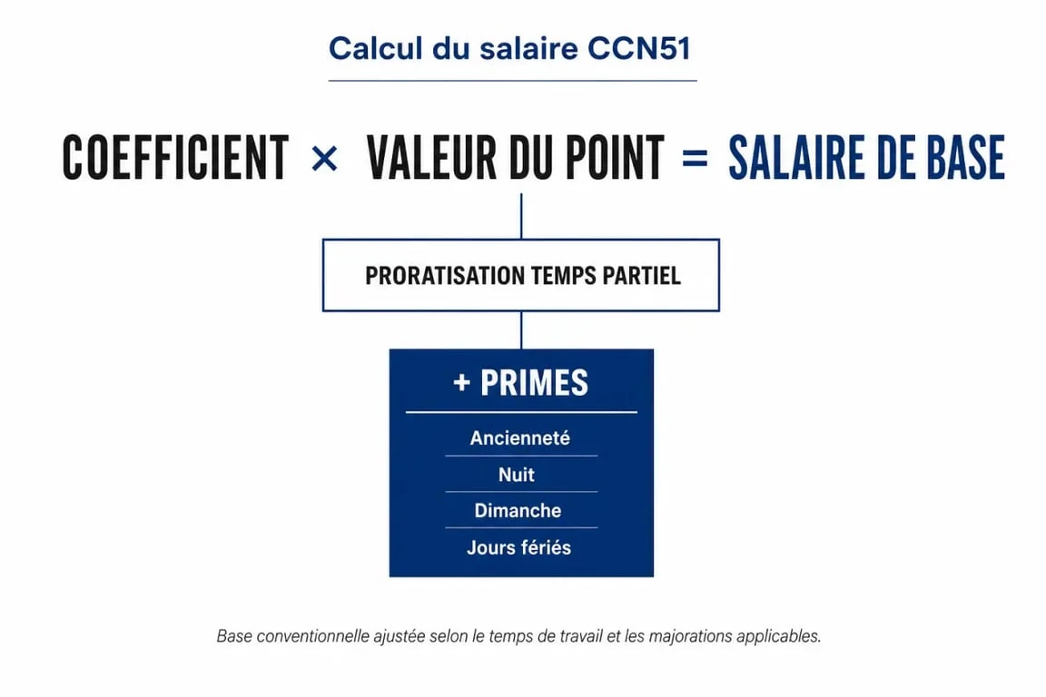 CCN51 salaire : schéma du calcul du brut à partir du coefficient, de la valeur du point et des primes