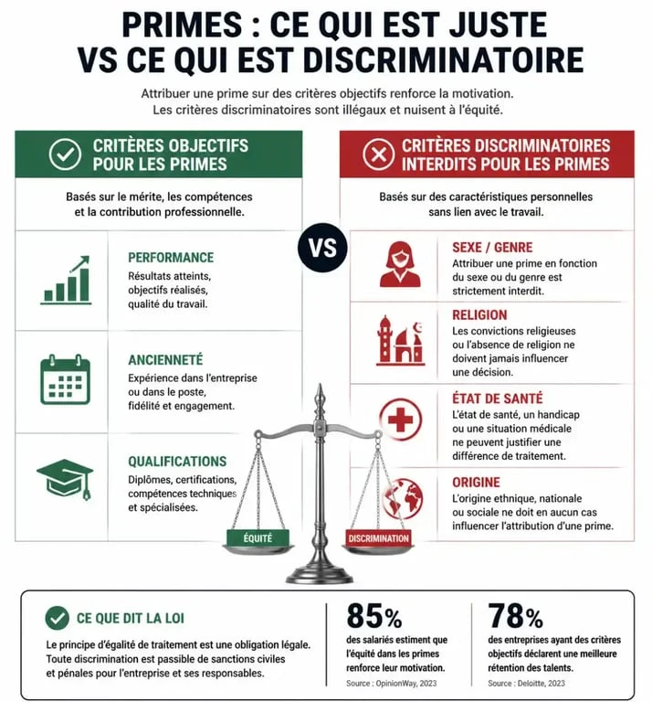 Infographie comparant les critères objectifs et discriminatoires pour l'attribution d'une prime en entreprise