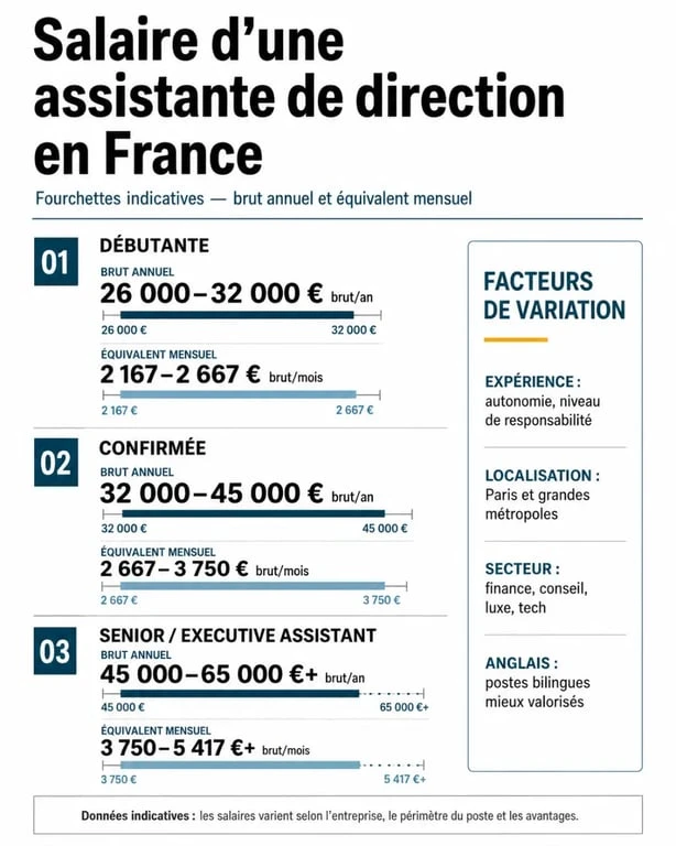 Infographie sur l'assistante de direction salaire en France avec fourchettes, niveaux d'expérience et facteurs de variation
