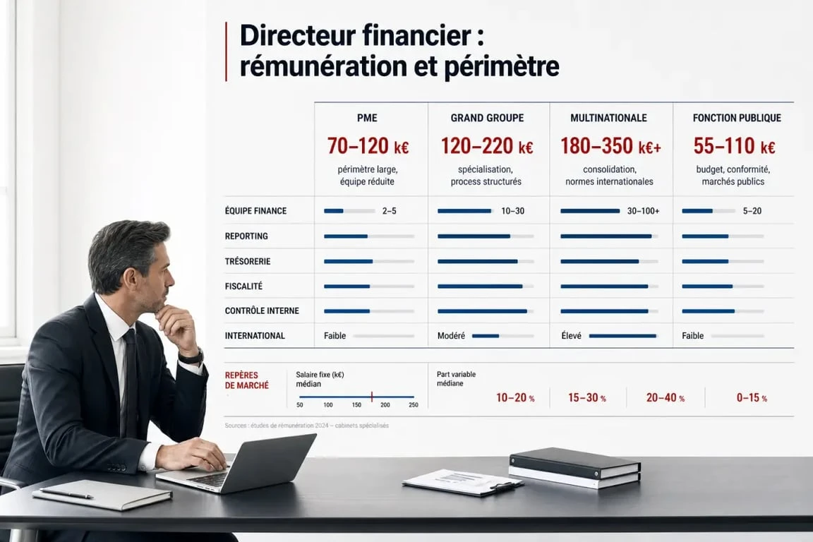 Directeur finances : comparaison visuelle des missions et salaires selon PME, grand groupe, multinationale et fonction publique