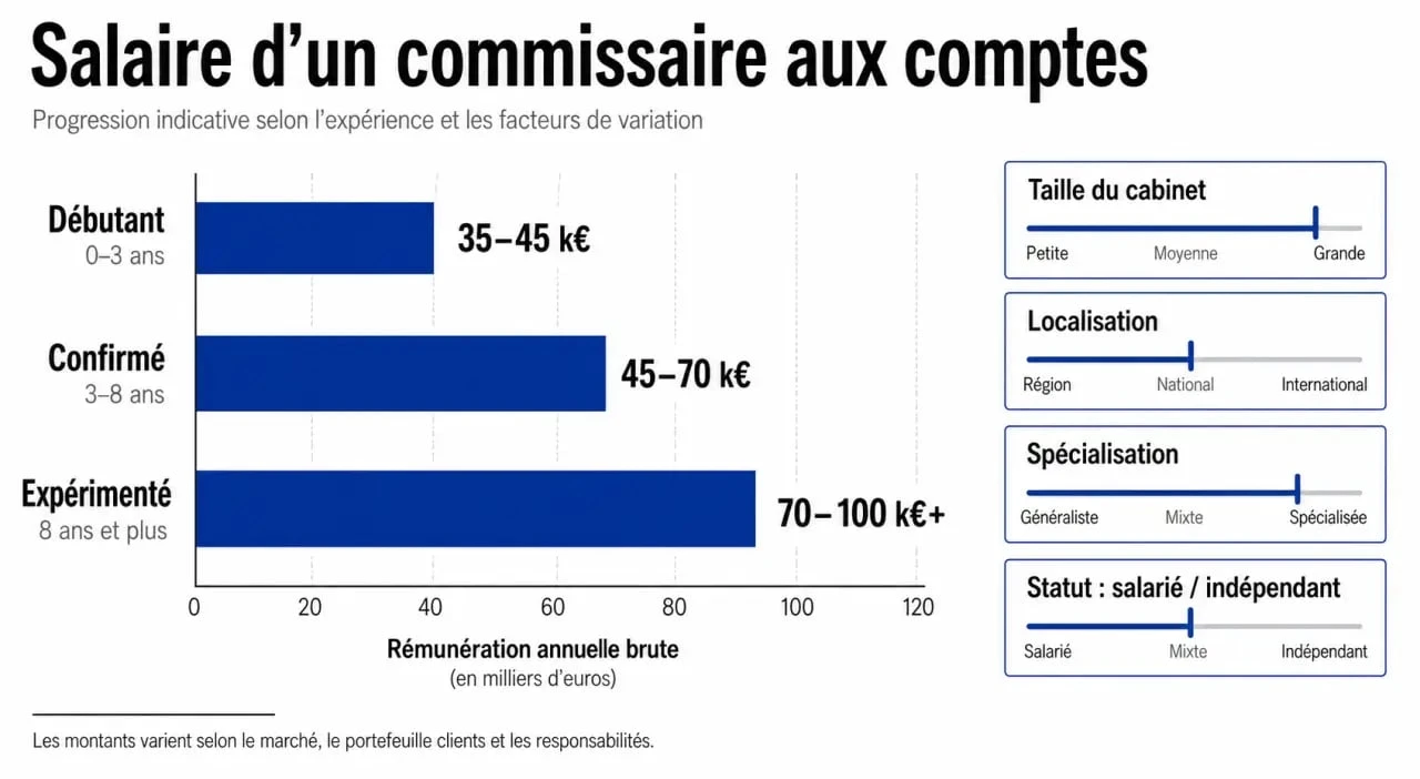 Salaire commissaire aux comptes : infographie sur les tranches de rémunération selon l’expérience et le statut