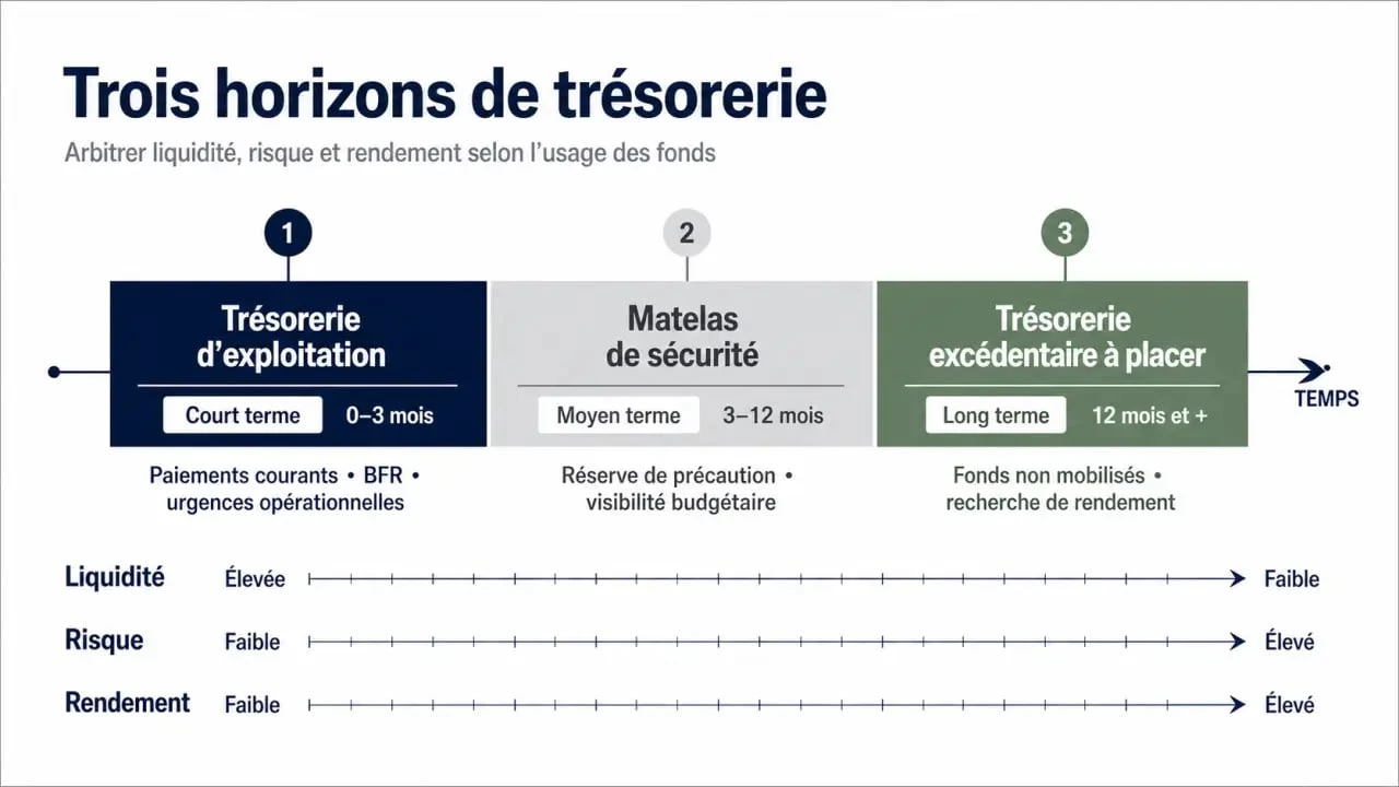 Placement trésorerie entreprise : schéma des trois poches de trésorerie entre exploitation, sécurité et excédent à placer
