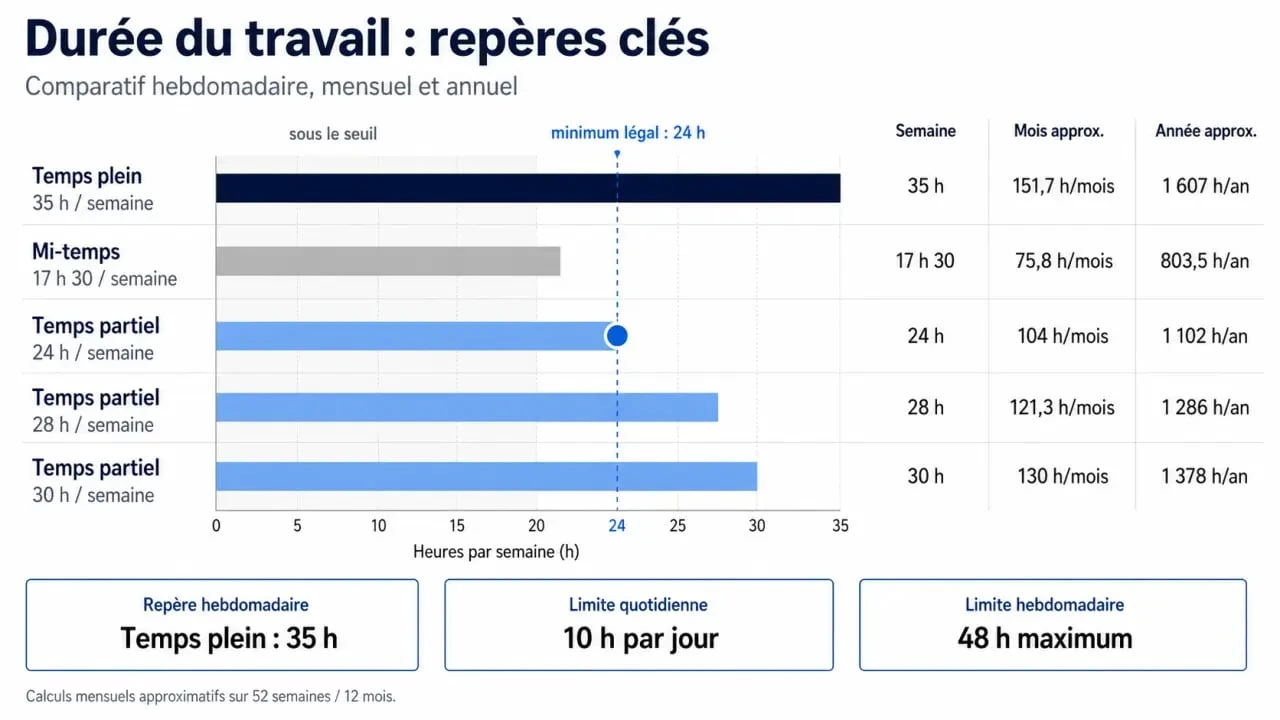Combien d heures pour un mi temps : comparatif visuel entre 35 h, 17 h 30, 24 h, 28 h et 30 h par semaine