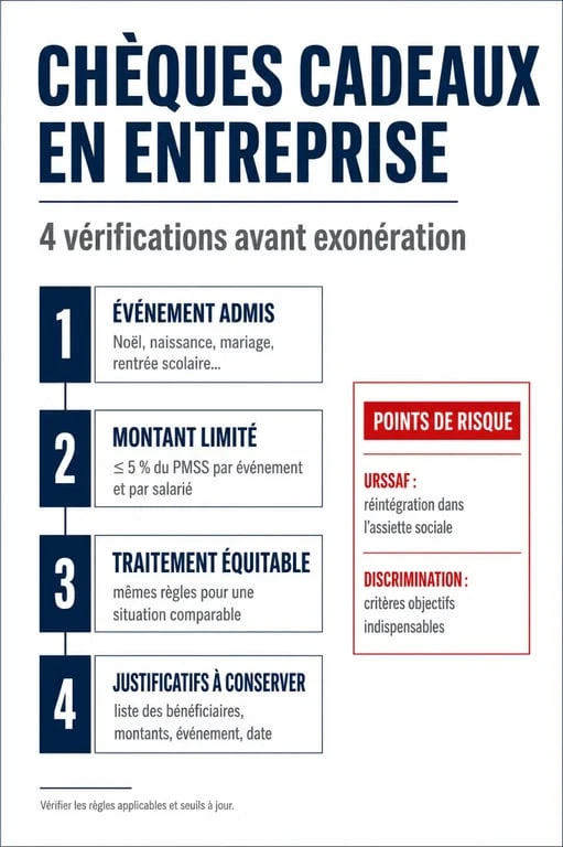 Code du travail chèque cadeau : schéma des règles d’exonération et des risques URSSAF