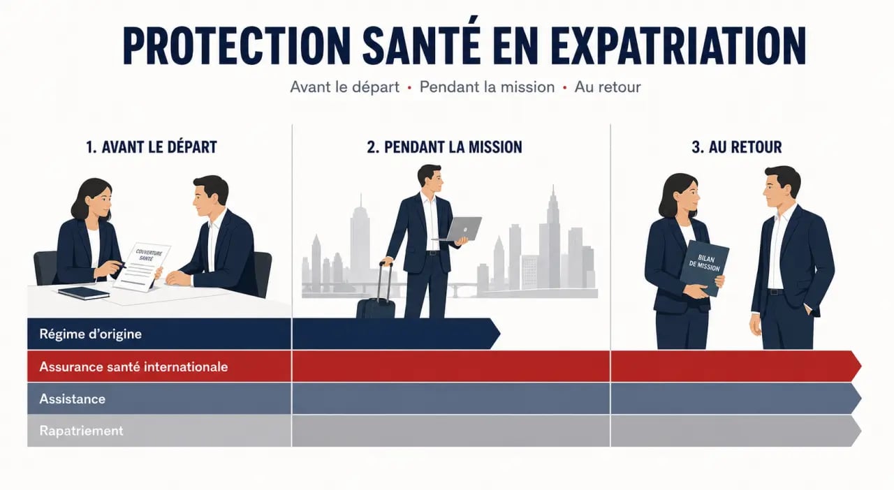 Expatriation professionnelle : comment protéger la santé de vos salariés avec une frise des couvertures avant départ, pendant la mission et au retour