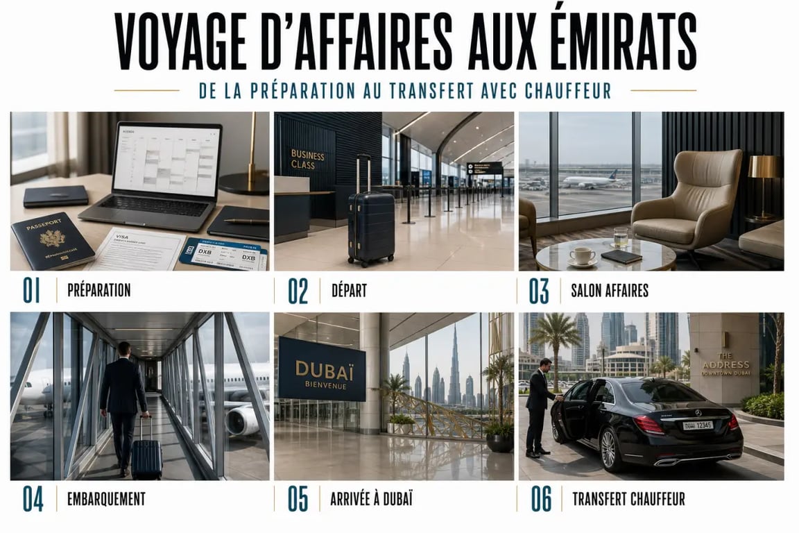 Le business travel aux Émirats : parcours optimisé entre vol, salon affaires et transfert chauffeur