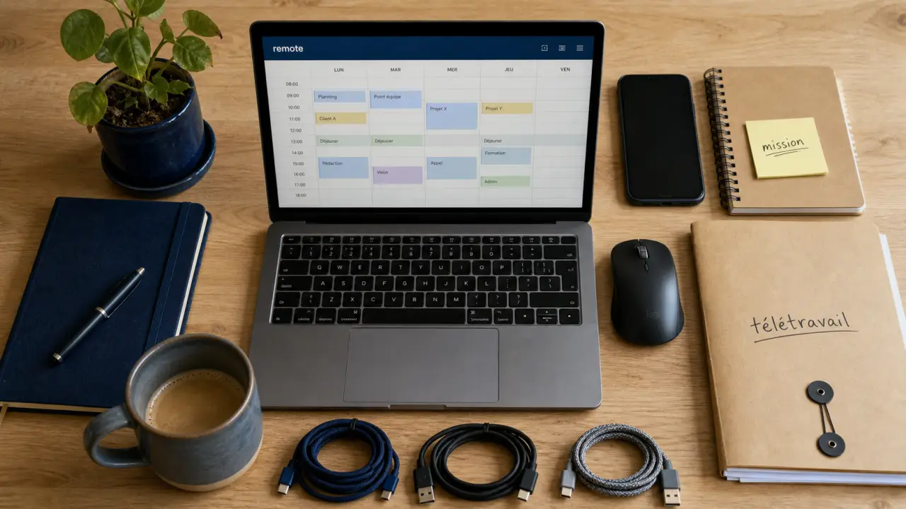 Mission en télétravail : bureau remote, ordinateur et planning pour candidater