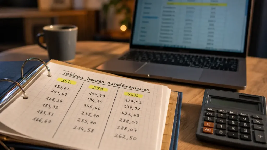 Tableau heures supplémentaires : 35 h, majorations à 25 % et 50 %, plafonds à surveiller
